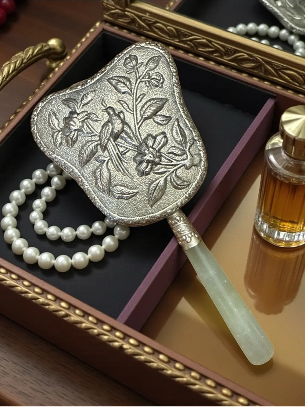 MCM Ornate Silver Floral Hand Mirror with Jade Handle